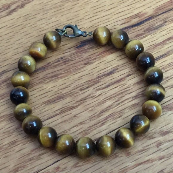 VINTAGE 90s TIGER EYE BEADED BRACELET 6mm HANDMADE WOMENS - Picture 3 of 8